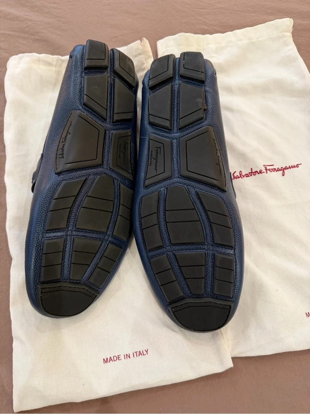 Salvatore Ferragamo Navy Pebbled Leather Gancini Bit Loafers